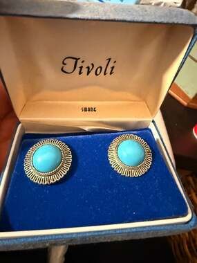 Vintage Swank Tivoli Turquoise Cabochon Silver-Tone Button Earrings